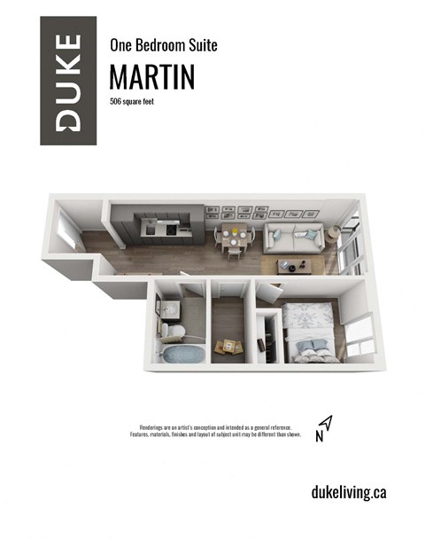 1 bedroom 1 bath apartment floor plan at The Duke